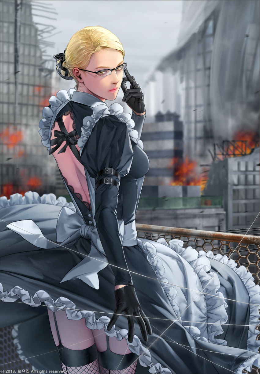 1girl, adjusting_eyewear, apron, arm_belt, backless_outfit, black-framed_eyewear, black_dress, black_gloves