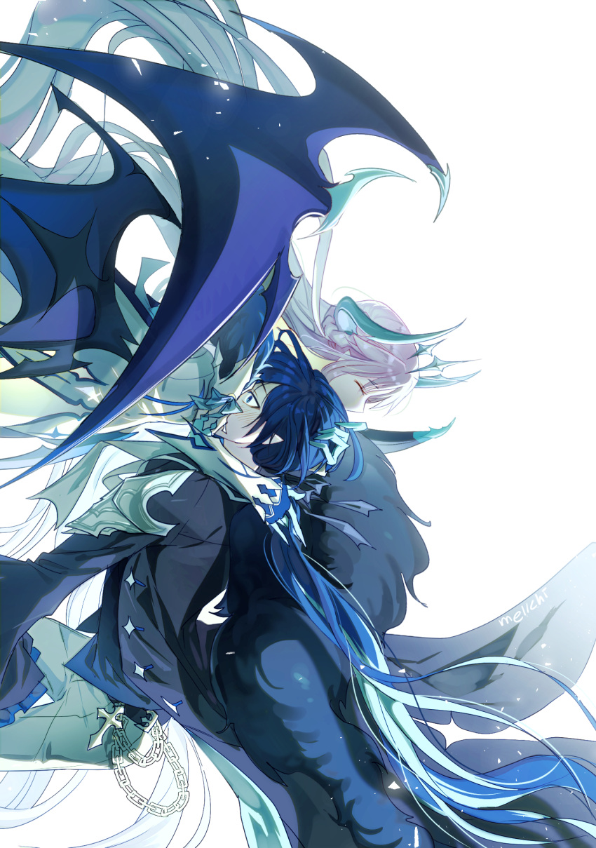 1boy, 1girl, blue_eyes, blue_hair, blush, chains, chevalier_(elsword), cloak