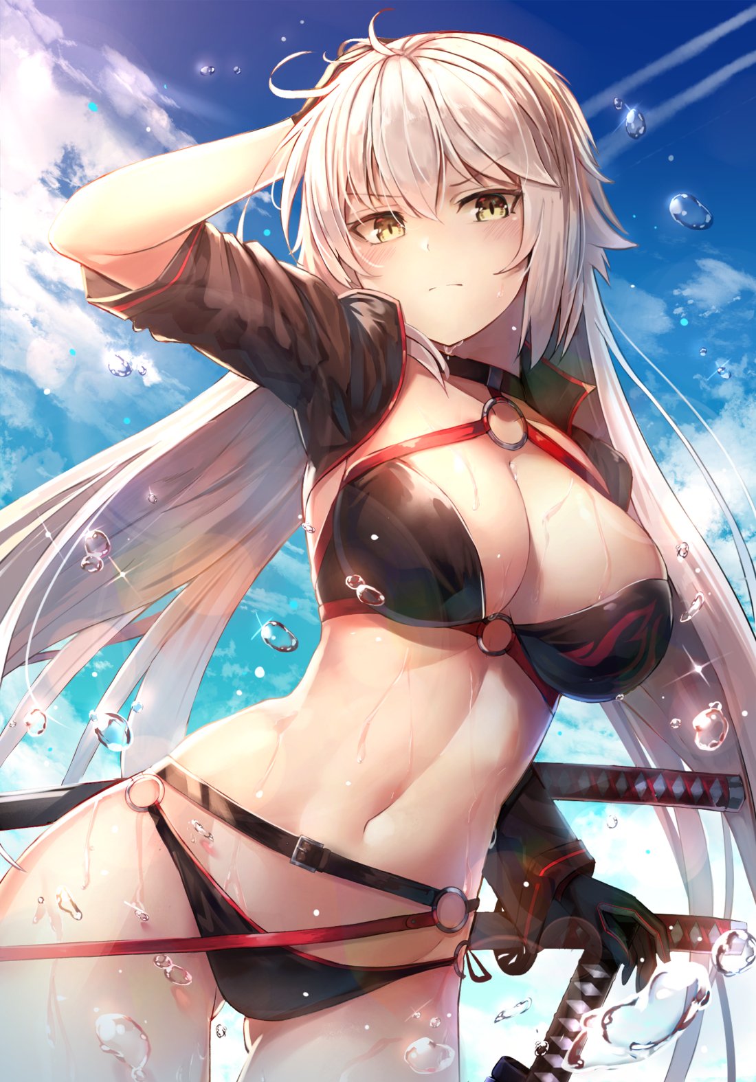 1girl, ahoge, ass_visible_through_thighs, bangs, beach, bikini, black_bikini, black_jacket