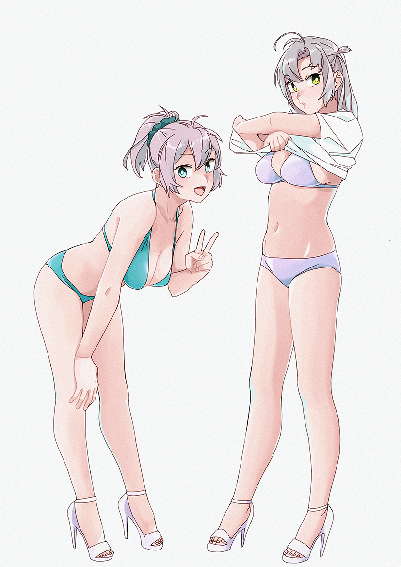 1girl, aoba_(kantai_collection), aqua_bikini, bikini, blue_eyes, breasts, cleavage, full_body