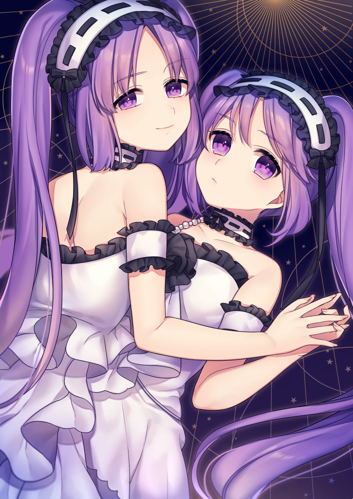 2girls, bare_shoulders, breasts, choker, closed_mouth, collarbone, dress, euryale