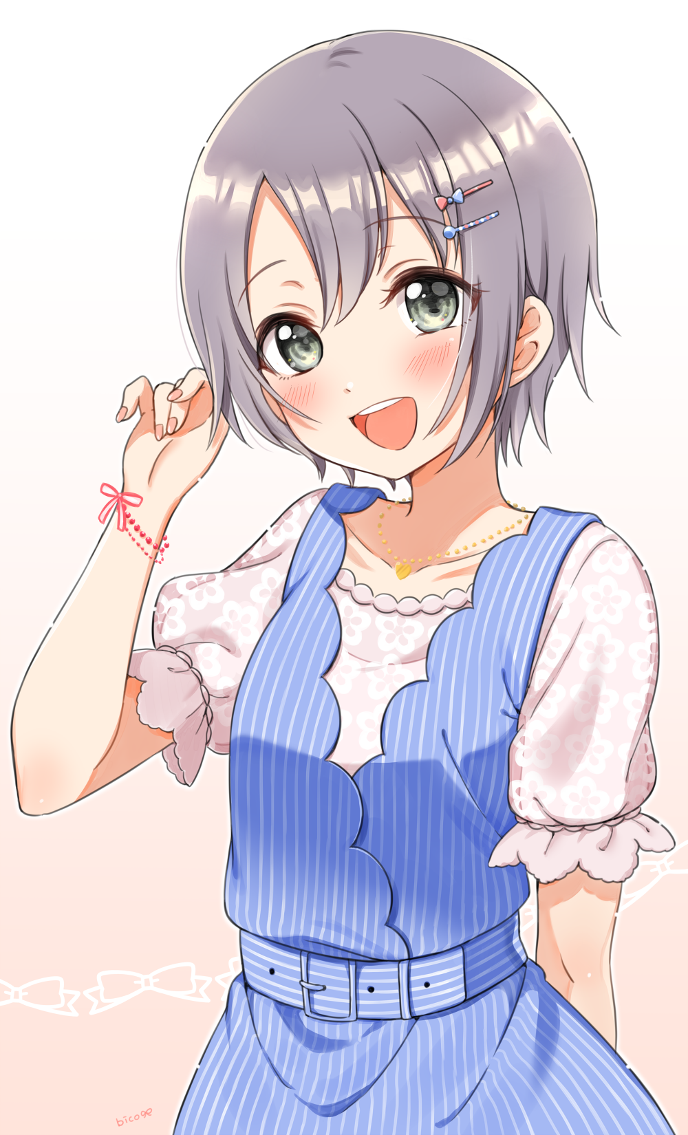 1girl, :d, artist_name, bangs, belt, bico_(bicoris), blue_dress, blush