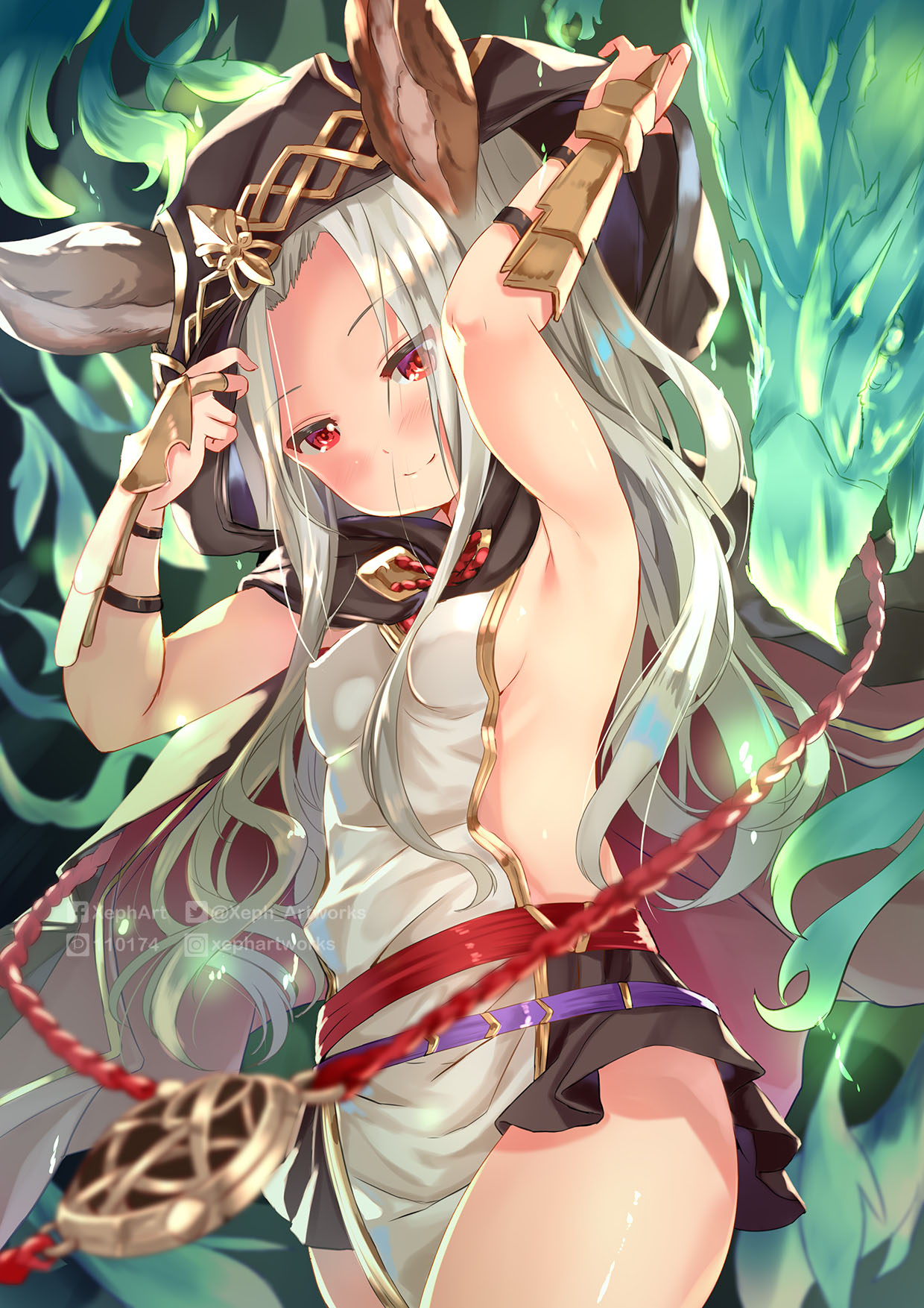 1girl, animal_ears, armpits, arms_up, black_skirt, blush, breasts, cat_ears, cloak, closed_mouth, ears_through_headwear, erune, granblue_fantasy, highres, hood, hood_up, hooded_cloak, long_hair, looking_at_viewer, red_eyes, scathacha_(granblue_fantasy), sideboob, silver_hair, skirt, small_breasts, smile, solo, watermark, wrist_guards, xephonia