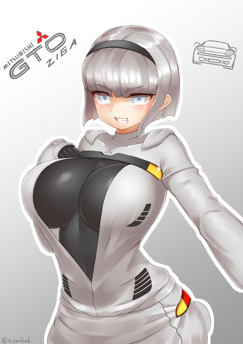1girl, blue_eyes, bodysuit, breasts, car, cleavage, gloves, grey_hair, ground_vehicle, highres, large_breasts, mitsubishi_motors, motor_vehicle, open_mouth, original, personification, short_hair, smile, solo, yonkuron