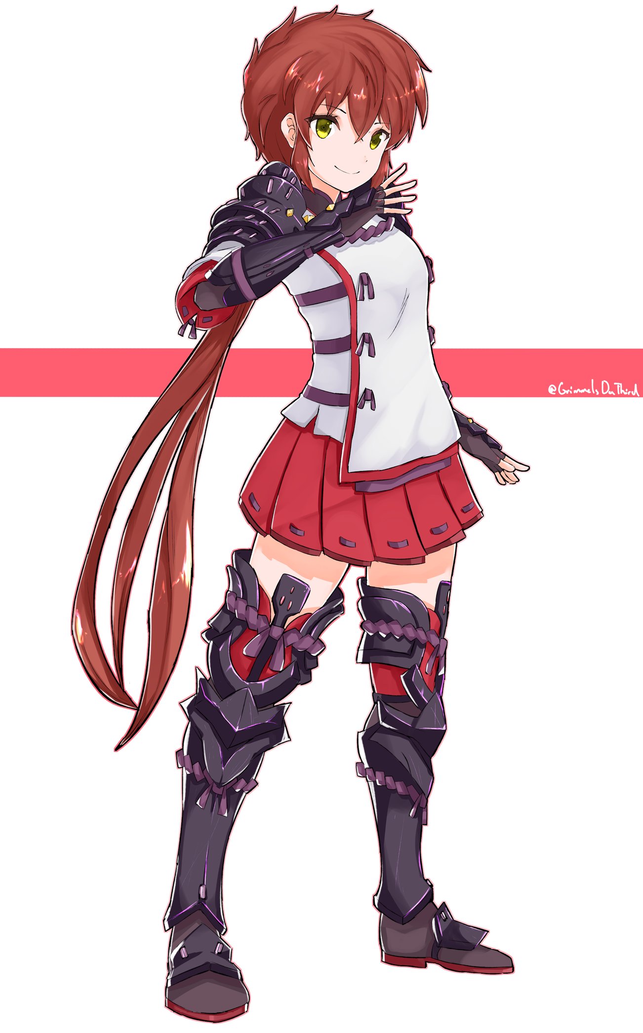 1girl, armor, blue_background, gloves, grimmelsdathird, highres, long_hair, looking_at_viewer