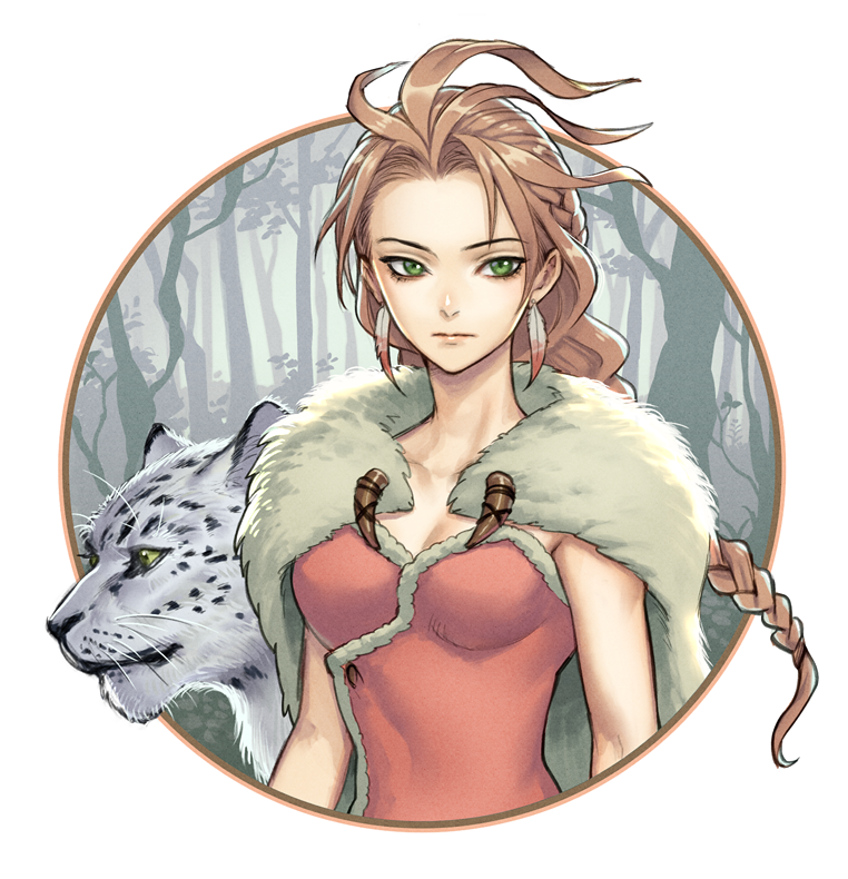 1girl, animal, blonde_hair, braid, braided_ponytail, fur_trim, gloves, h'aanit_(octopath_traveler), linde_(octopath_traveler), long_hair, looking_at_viewer, octopath_traveler, ponytail, simple_background, single_braid, snow_leopard, solo, uboar