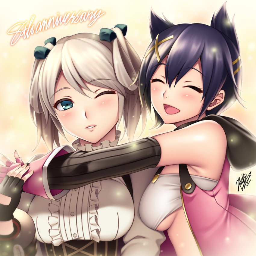 2girls, :d, ^_^, anniversary, arm_guards, armpit_crease, armpits, bandeau