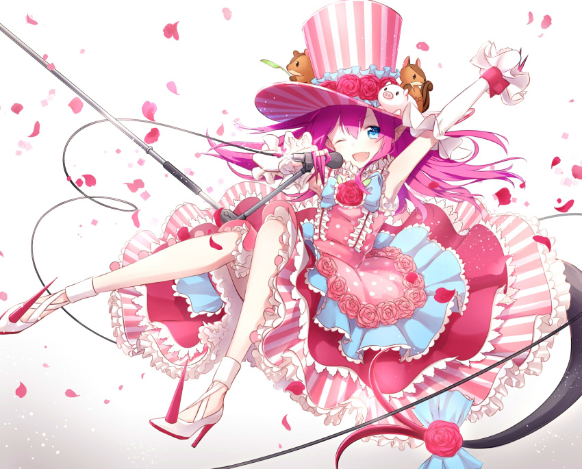 1girl, ;d, arm_up, bangs, blue_bow, blue_eyes, blush, bow