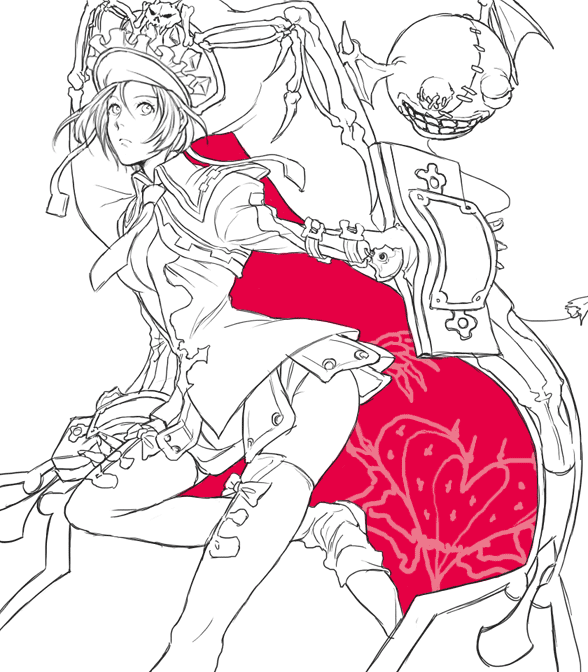 big_hat, boots, frills, guilty_gear, kyuusugi_toku, long_sleeves, monochrome, necktie