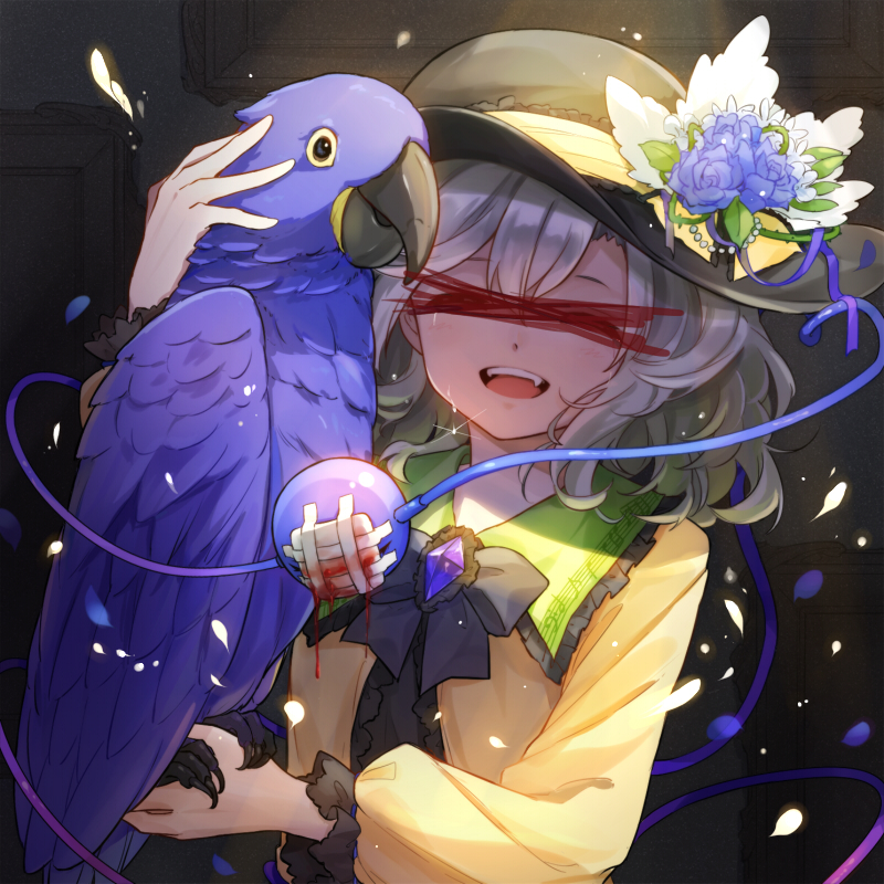 1girl, ^_^, animal, bandaid, bangs, bird, black_bow, black_hat, black_neckwear, blood, blue_flower, blue_rose, bow, bowtie, brooch, censored, closed_eyes, closed_eyes, commentary_request, eyeball, fangs, flower, frilled_shirt_collar, frills, hair_between_eyes, hand_up, hat, hat_flower, holding, holding_animal, hyacinth_macaw, identity_censor, jewelry, komeiji_koishi, long_sleeves, macaw, musical_note, musical_note_print, open_mouth, parrot, petals, puffy_sleeves, rose, shirt, short_hair, silver_hair, sindre, smile, solo, sparkle, tears, third_eye, touhou, upper_body, white_flower, yellow_shirt