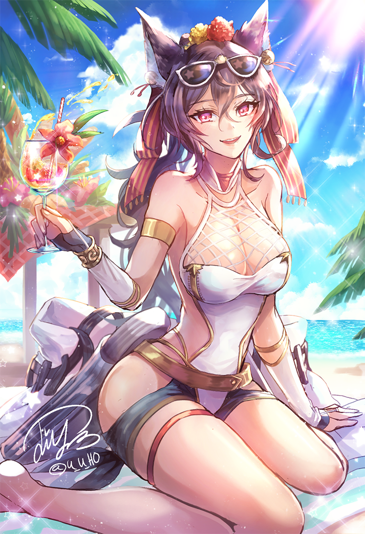 1girl, animal_ears, armlet, bangs, bare_shoulders, beach, black_hair, blush, breasts, bridal_gauntlets, cape, cape_removed, cleavage, collarbone, cup, drinking_glass, drinking_straw, ear_piercing, elt, erune, eyewear_on_head, flower, granblue_fantasy, hair_between_eyes, hair_flower, hair_ornament, hair_ribbon, hips, ilsa, jewelry, jiyo_(3510_tss), large_breasts, long_hair, looking_at_viewer, ocean, one-piece_swimsuit, open_mouth, palm_tree, piercing, ponytail, red_eyes, red_ribbon, ribbon, seiza, signature, sitting, smile, solo, sparkle, sunglasses, sunlight, swimsuit, thigh_strap, thighs, tree, waist