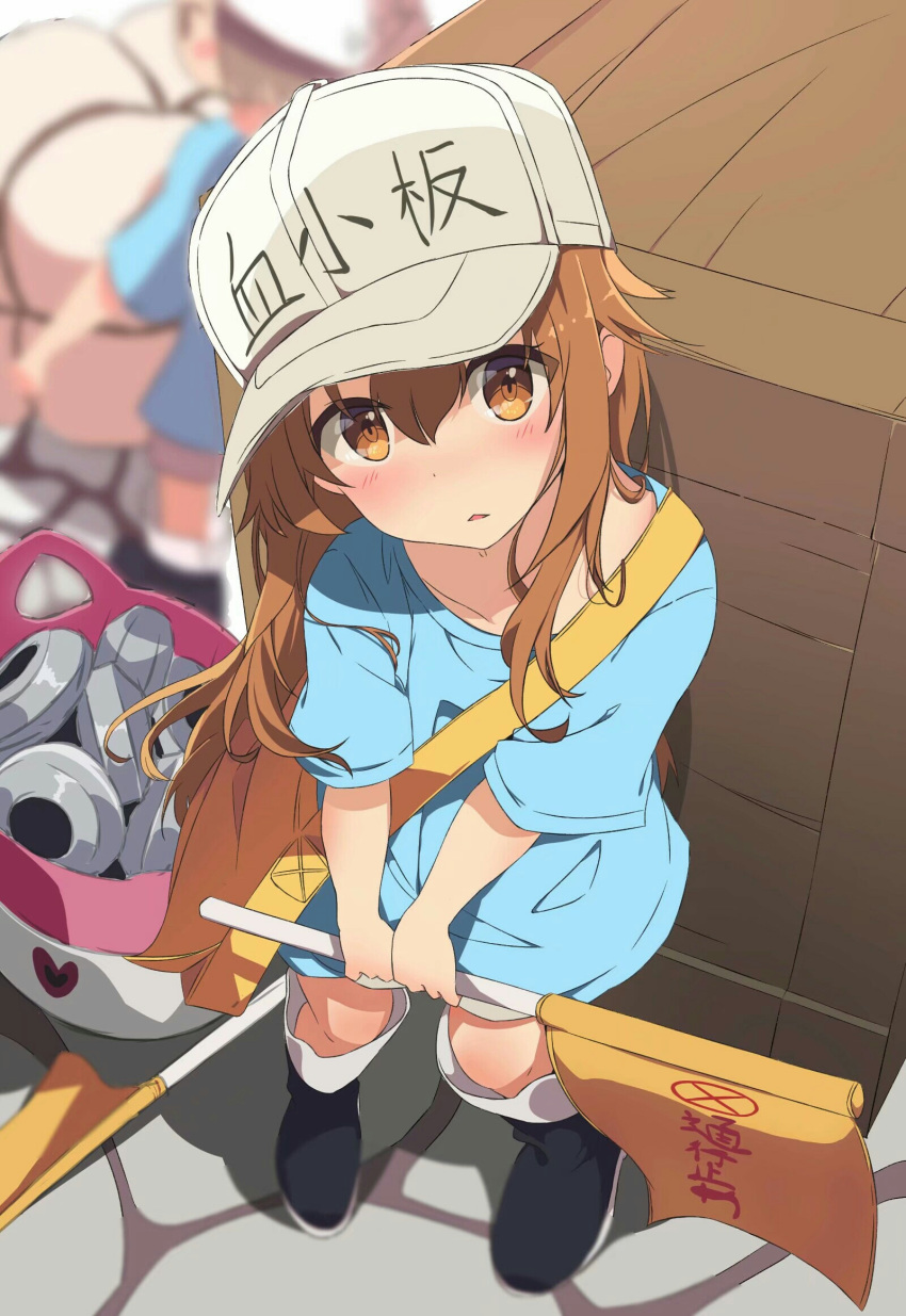 2girls, aqua_shirt, bah, blush_stickers, boots, box, brown_eyes, brown_hair
