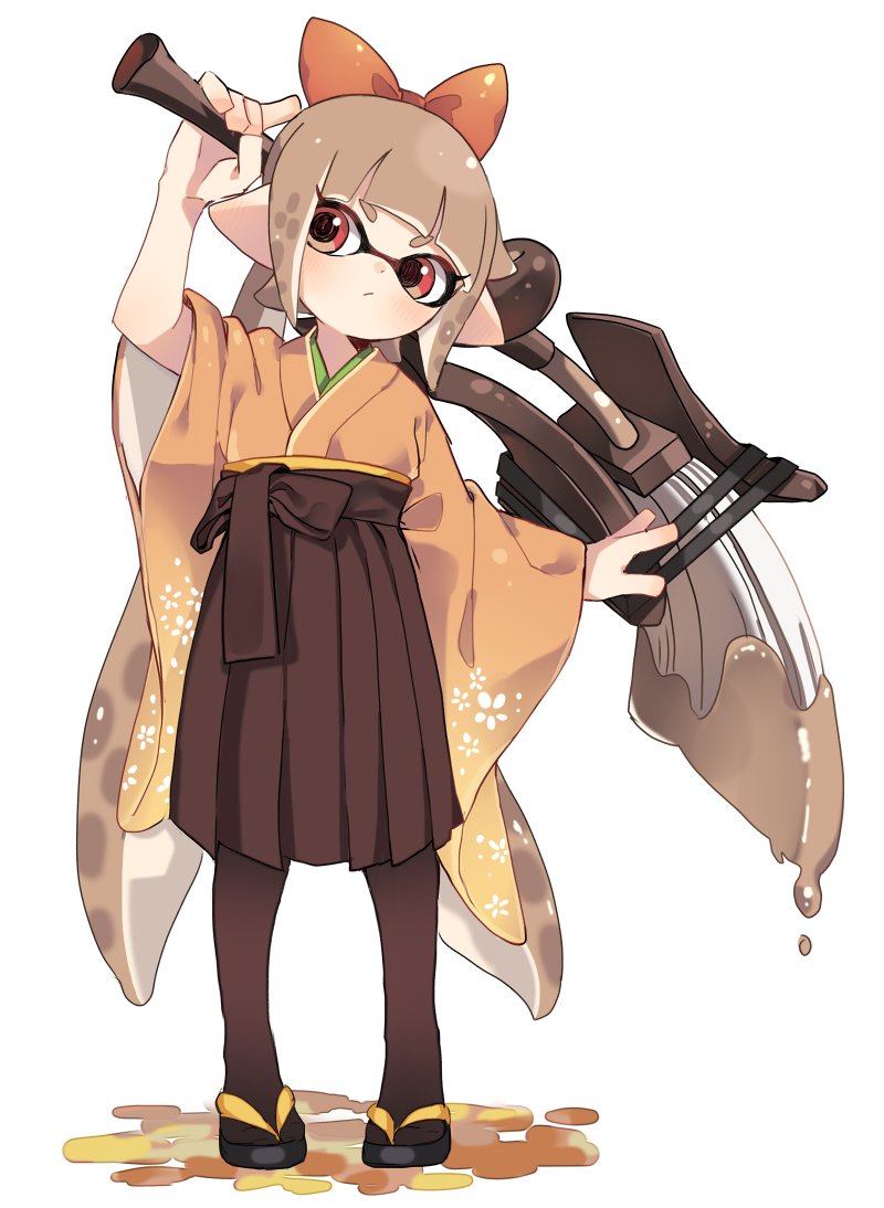 1girl, bangs, blunt_bangs, blush, bow, brown_hair, domino_mask, full_body