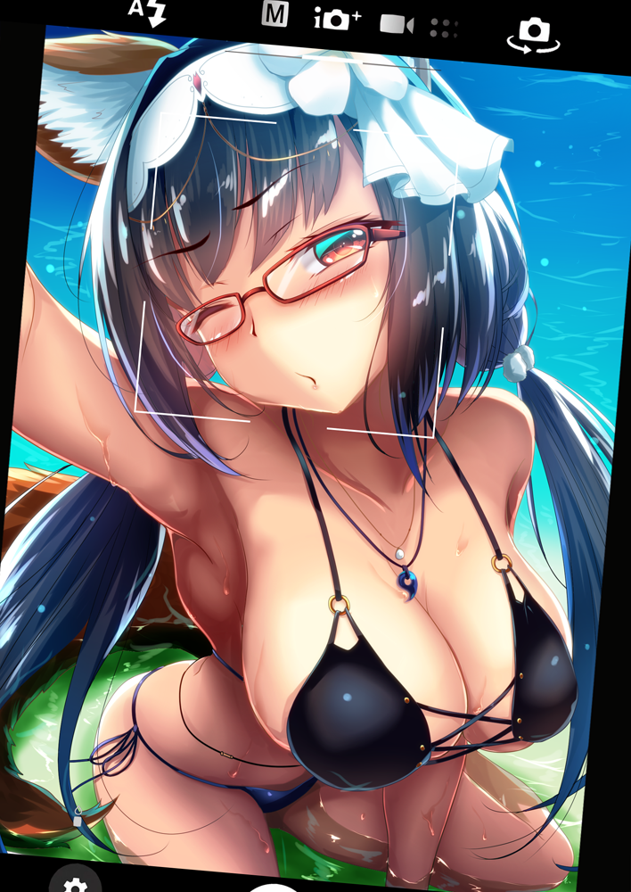 1girl, :o, animal_ears, bikini, black_bikini, black_hair, blush, breasts