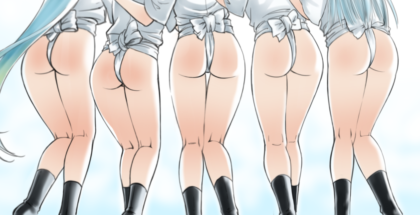 5girls, ass, black_legwear, blue_hair, chaborin, from_behind, fubuki_(kantai_collection), fundoshi
