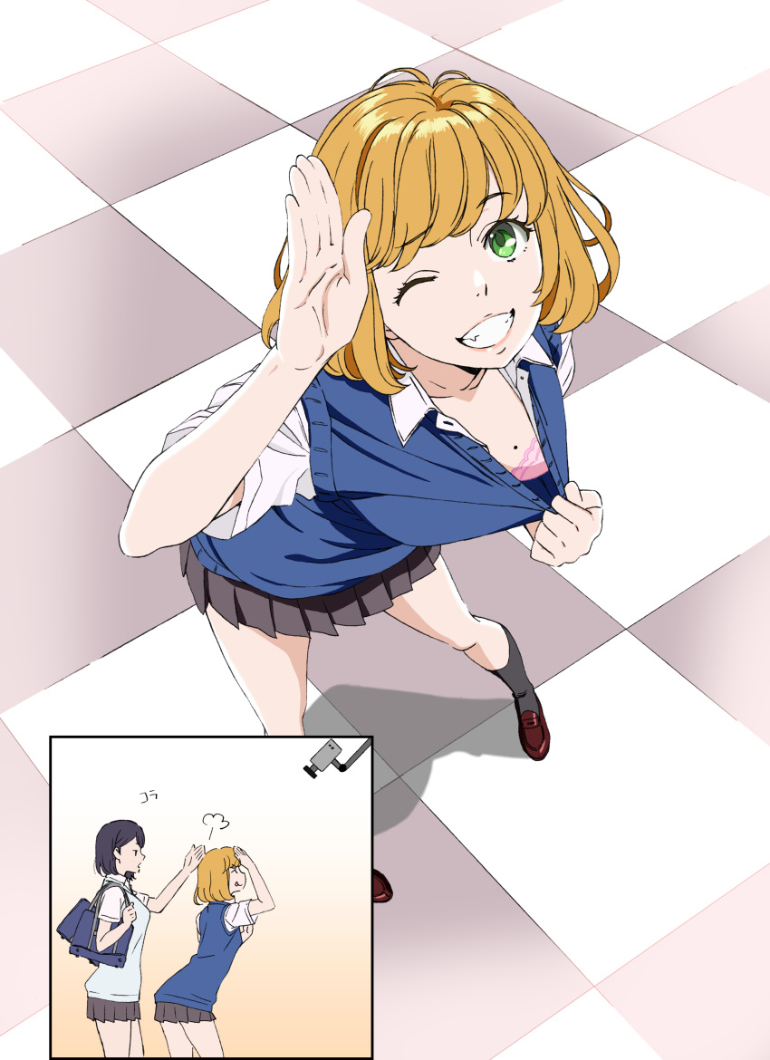 2girls, absurdres, arm_up, bag, bangs, black_legwear, blonde_hair, blue_bag