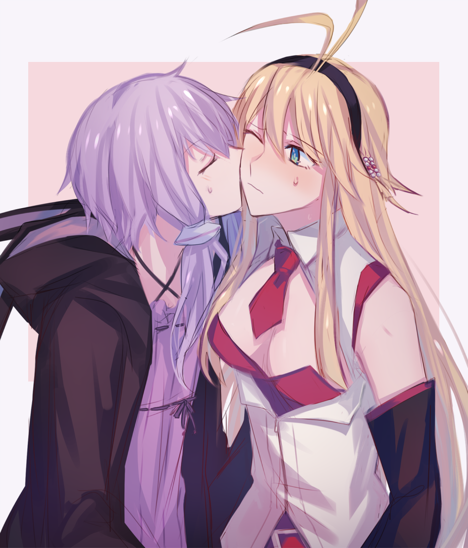 2girls, antenna_hair, aoki_shizumi, black_hairband, black_hoodie, blonde_hair, cheek_kiss, closed_eyes