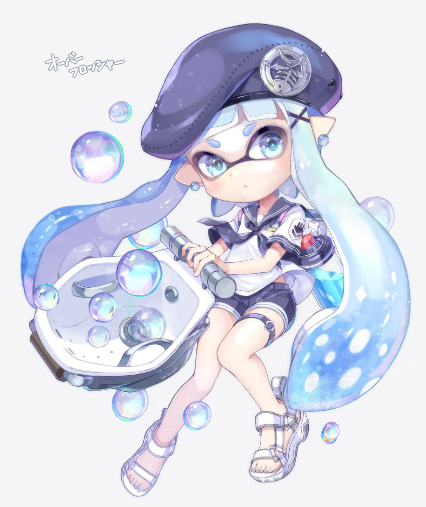 1girl, beret, bloblobber_(splatoon), blue_eyes, blue_hair, blue_nails, bubble, earrings
