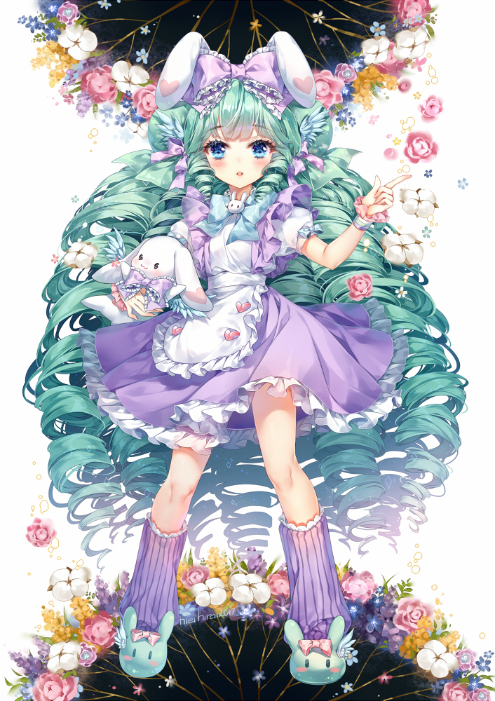 1girl, 2017, :o, animal_ears, animal_slippers, apron, aqua_hair, artist_name