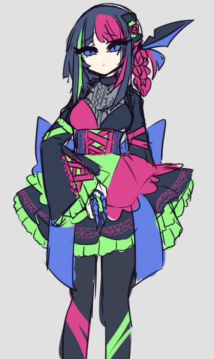 1girl, alternate_color, asymmetrical_hair, blue_eyes, blue_ribbon, creatures_(company), game_freak, multicolored_hair