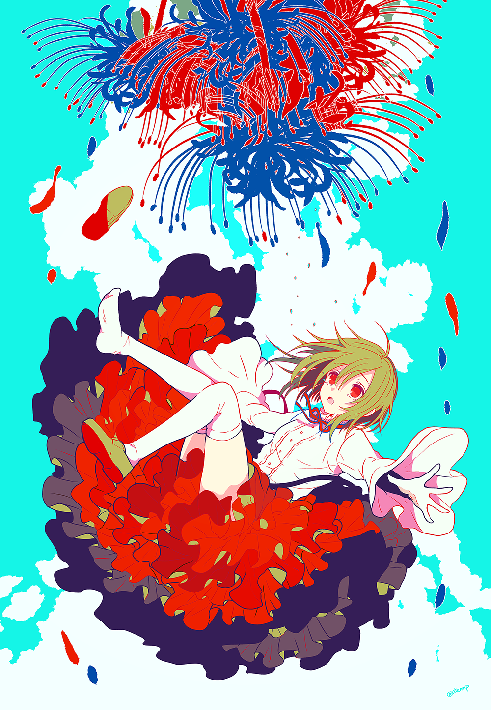 1girl, crying, crying_with_eyes_open, falling, flower, green_hair, highres, kagerou_project, kido_tsubomi, red_eyes, shissou_word_(vocaloid), short_hair, solo, tears, thigh-highs, utenmp, white_legwear, younger