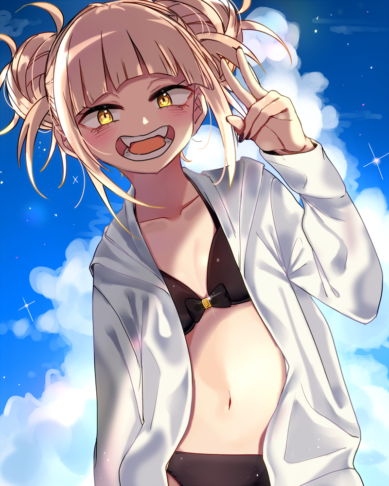 1girl, bags_under_eyes, bangs, bikini, black_bikini, blonde_hair, blue_sky, blunt_bangs
