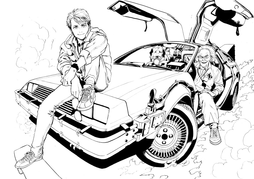 2boys, absurdres, back_to_the_future, car, commentary_request, delorean, dog, einstein, emmett_brown, ground_vehicle, hand_on_own_knee, highres, jacket, male_focus, marty_mcfly, monochrome, motor_vehicle, multiple_boys, murata_yuusuke, old_man, pen, shoes, sitting, smile, sneakers, watch