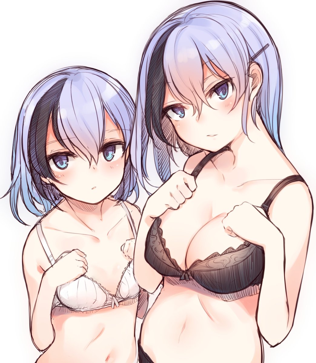 2girls, age_comparison, black_bra, black_hair, black_panties, blue_eyes, bra, breasts
