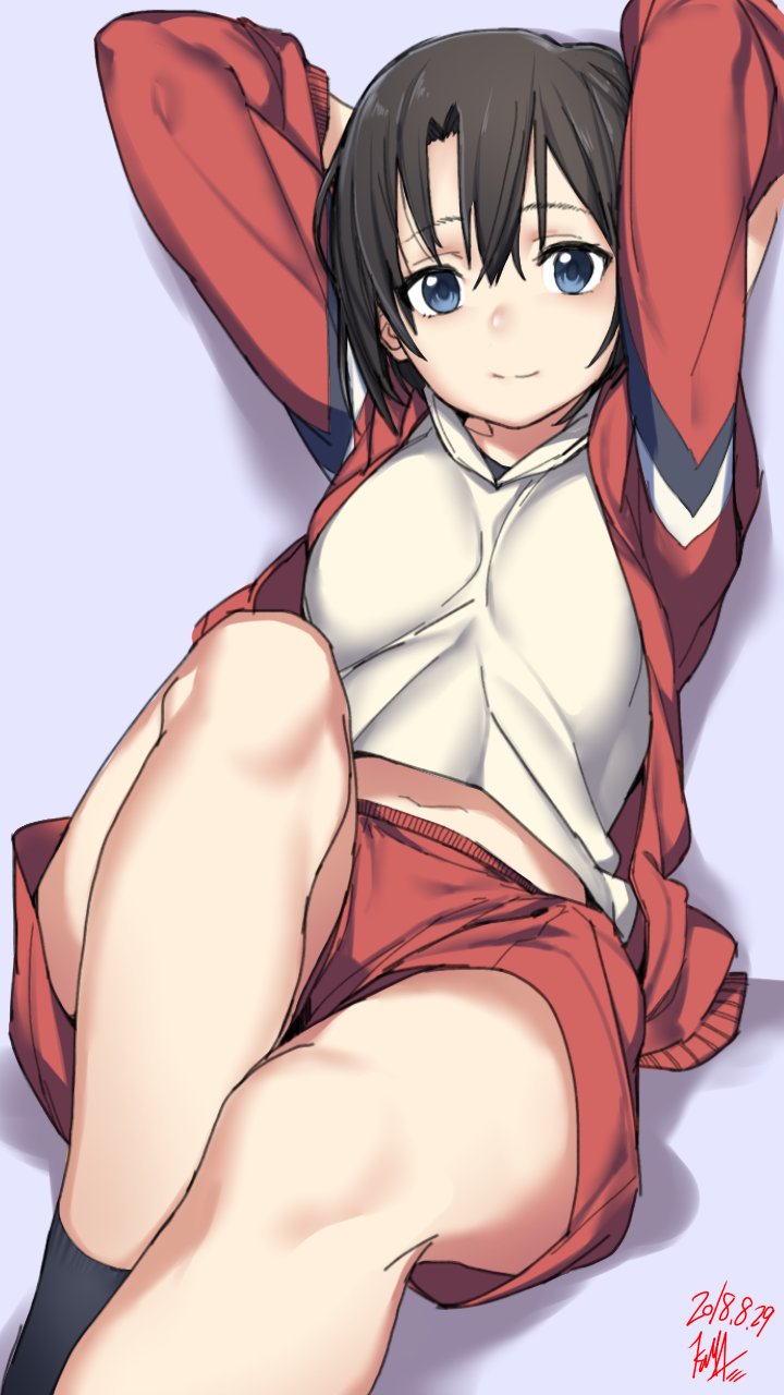 1girl, 2018, androgynous, arms_behind_back, arms_up, black_hair, blue_eyes, breasts