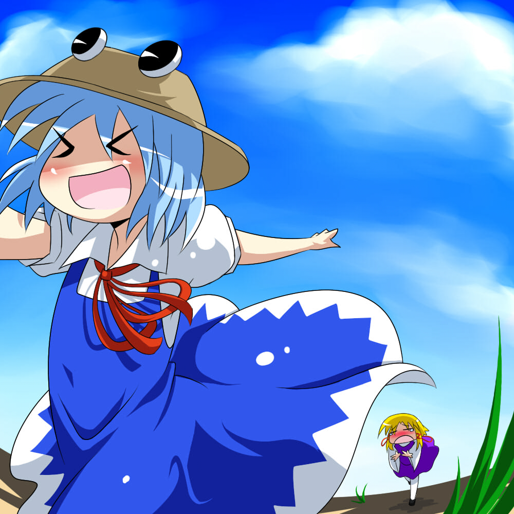 >_<, bad_id, blonde_hair, blue_hair, cirno, clothes_thief, geperu, hat
