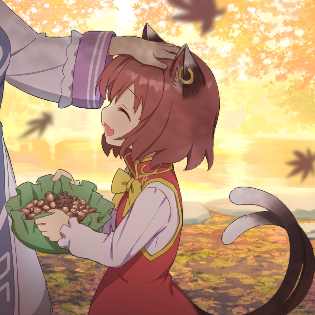2girls, :d, ^_^, acorn, animal_ears, autumn, autumn_leaves, bow