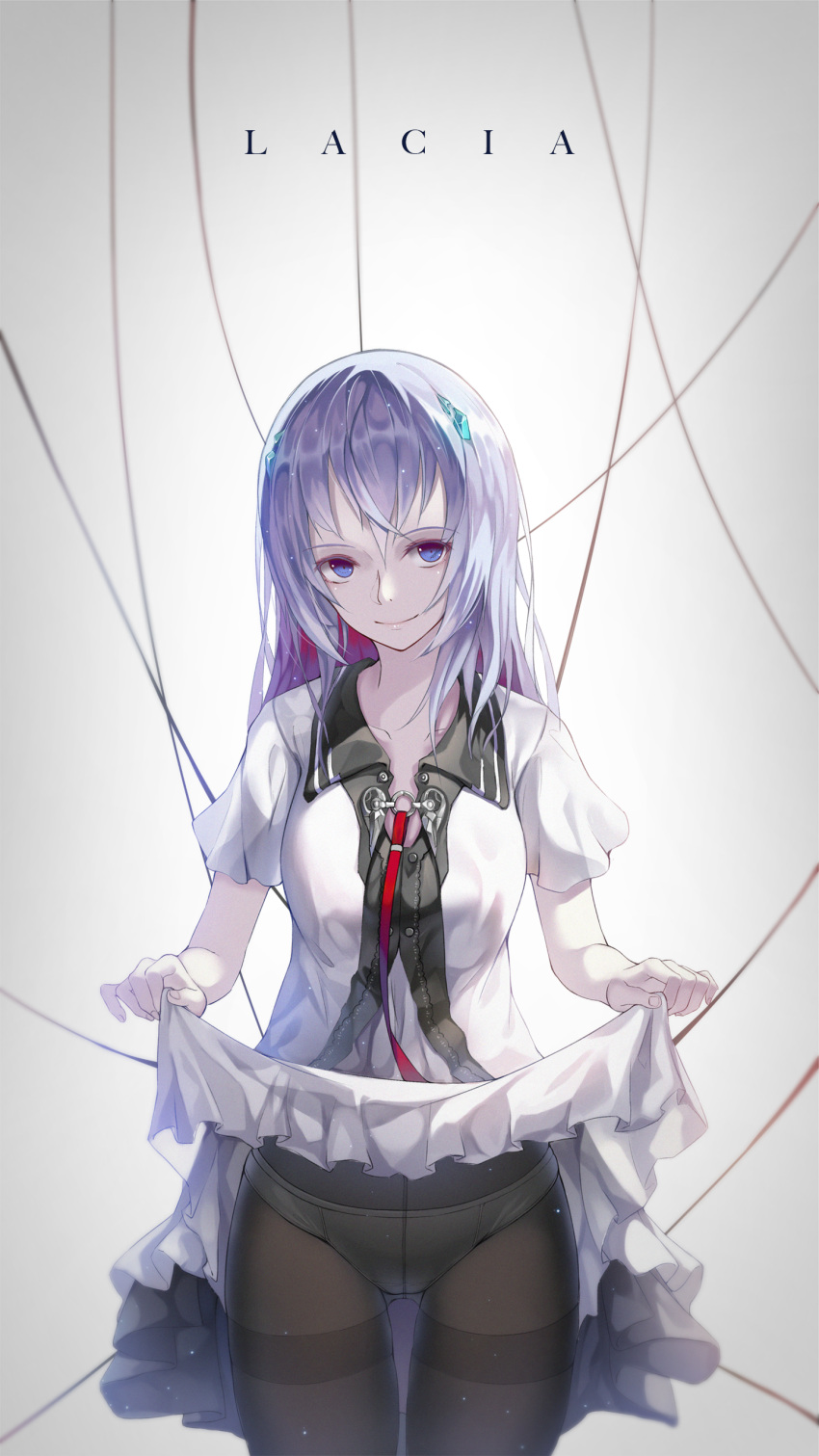 1girl, absurdres, ass_visible_through_thighs, bangs, beatless, black_legwear, black_shirt, black_skirt