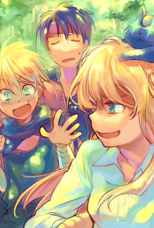 1girl, 2boys, ame_yamori, bad_id, black_hair, blonde_hair, blue_eyes, cleo_everlastin