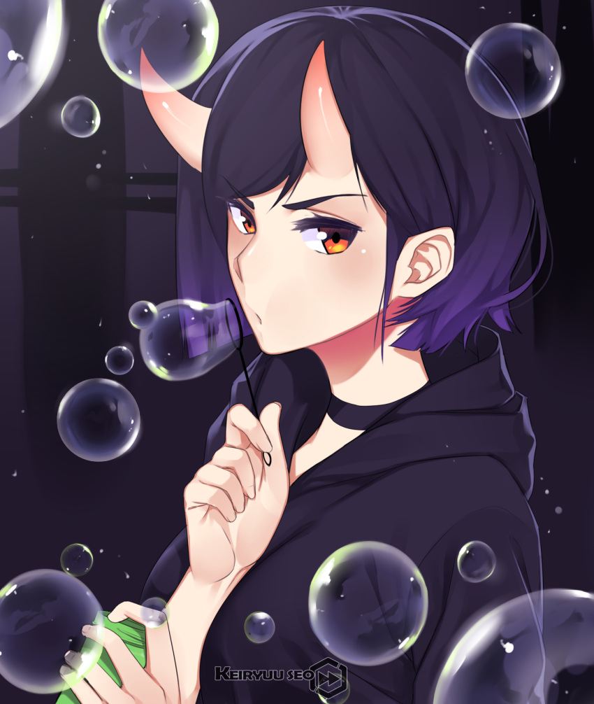 1girl, bangs, bubble_blowing, commentary, dark_background, demon_girl, english_commentary, eyebrows_visible_through_hair
