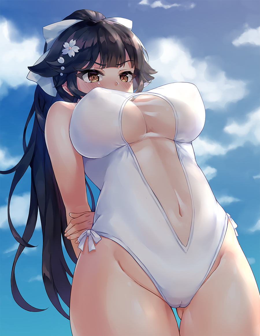 1girl, arms_behind_back, azur_lane, black_hair, blue_sky, bow, breasts, brown_eyes, casual_one-piece_swimsuit, chaou, clouds, cowboy_shot, criss-cross_halter, day, from_below, hair_bow, hair_flaps, halterneck, large_breasts, long_hair, navel, one-piece_swimsuit, outdoors, ponytail, sky, solo, swimsuit, takao_(azur_lane), white_bow, white_swimsuit