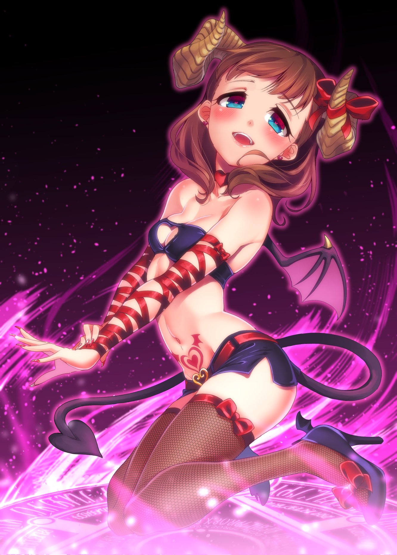 1girl, arm_ribbon, bandeau, bat_wings, belt, belt_buckle, blue_eyes, blush, bow, breasts, brown_hair, buckle, choker, cleavage, cleavage_cutout, commentary_request, demon_girl, demon_tail, demon_wings, earrings, eyebrows_visible_through_hair, fangs, fingernails, fishnet_legwear, fishnets, full_body, gradient, gradient_background, hakkaku_shikimi, heart, heart-shaped_pupils, heart_choker, heart_earrings, heart_tattoo, high_heels, highres, horn_ribbon, horns, idolmaster, idolmaster_cinderella_girls, jewelry, kneeling, long_fingernails, looking_at_viewer, magic_circle, medium_breasts, miniskirt, nail, nail_polish, navel, open_mouth, red_nails, red_ribbon, ribbon, sakuma_mayu, shoe_bow, shoes, skirt, smile, stud_earrings, succubus, symbol-shaped_pupils, tail, tattoo, teeth, thigh-highs, thigh_ribbon, wings
