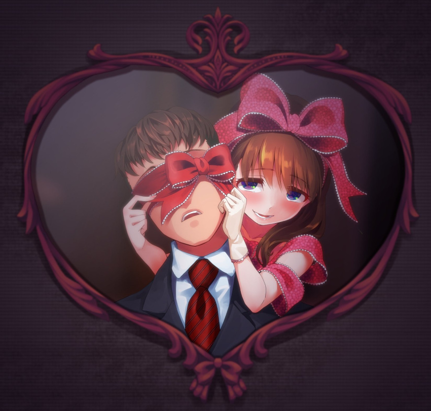 1boy, 1girl, blindfold, blue_eyes, blush, bow, brown_hair, commentary_request