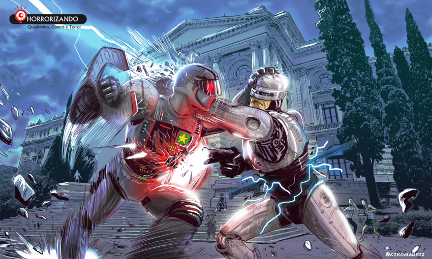 2boys, 4girls, 80s, battle, character_request, crack, crossover, cyborg