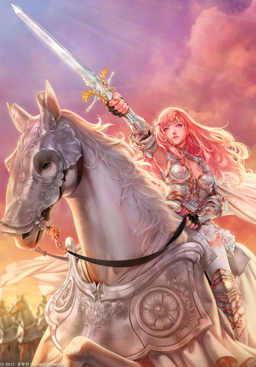 1girl, 2boys, armor, armored_dress, armpits, bangs, barding, black_gloves