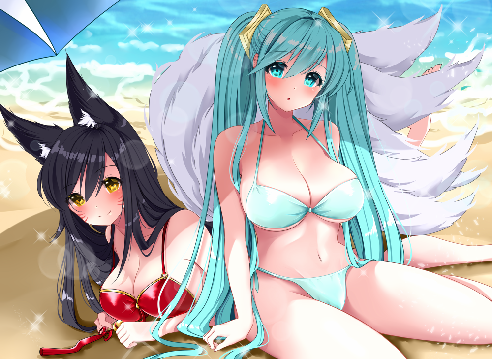2girls, :o, ahri, animal_ears, aqua_bikini, aqua_hair, beach, bikini, black_hair, breasts, fox_ears, large_breasts, league_of_legends, long_hair, looking_at_viewer, mintmia11, multiple_girls, navek, red_bikini, sand, sitting, sona_buvelle, swimsuit, twintails