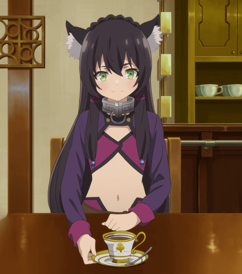 1girl, animal_ears, black_hair, cat_ears, cup, green_eyes, hair_bobbles, hair_ornament
