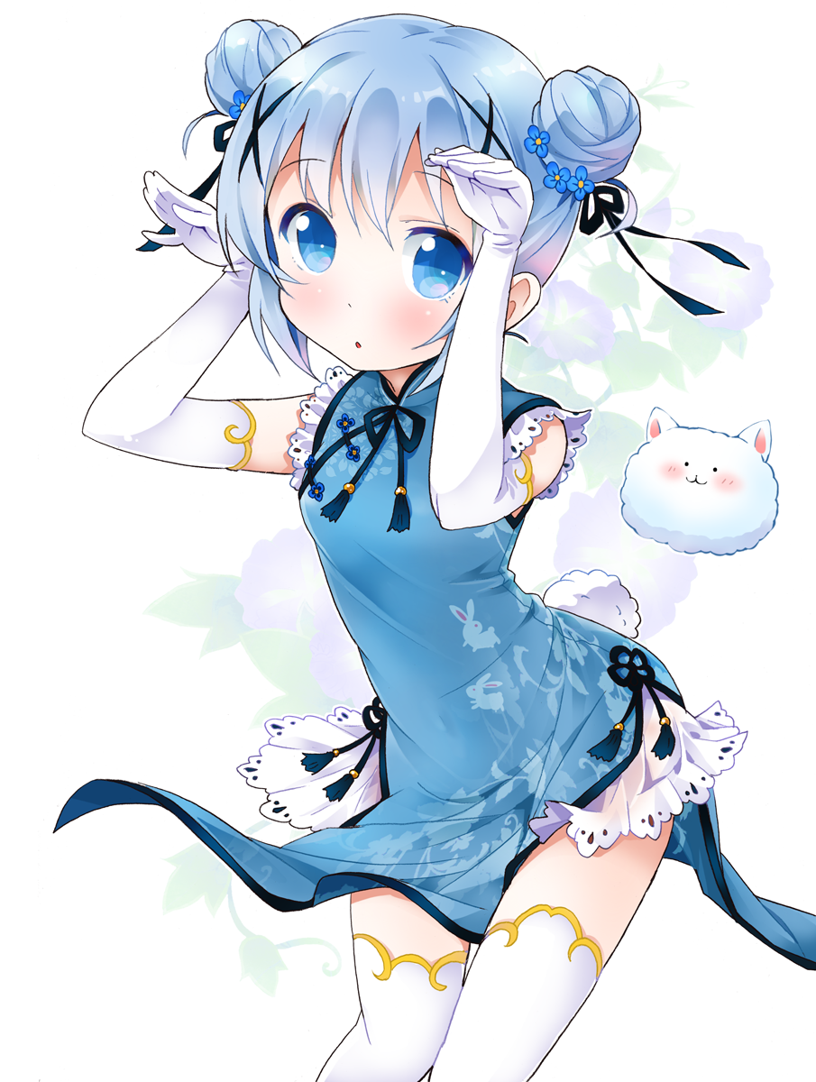 1girl, :o, alternate_costume, alternate_hairstyle, angora_rabbit, blue_dress, blue_eyes, blue_hair, blush, bunny_tail, china_dress, chinese_clothes, double_bun, dress, elbow_gloves, eyebrows_visible_through_hair, flower, gloves, gochuumon_wa_usagi_desu_ka?, hair_flower, hair_ornament, highres, kafuu_chino, looking_at_viewer, rabbit, ratryu, short_hair, solo, standing, tail, thigh-highs, tippy_(gochiusa), white_background, white_gloves, white_legwear