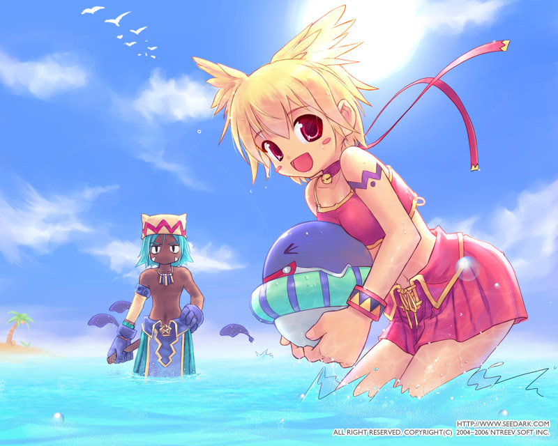 aqua_hair, bell, bikini, bird, blonde_hair, blush_stickers, breast_press, breasts
