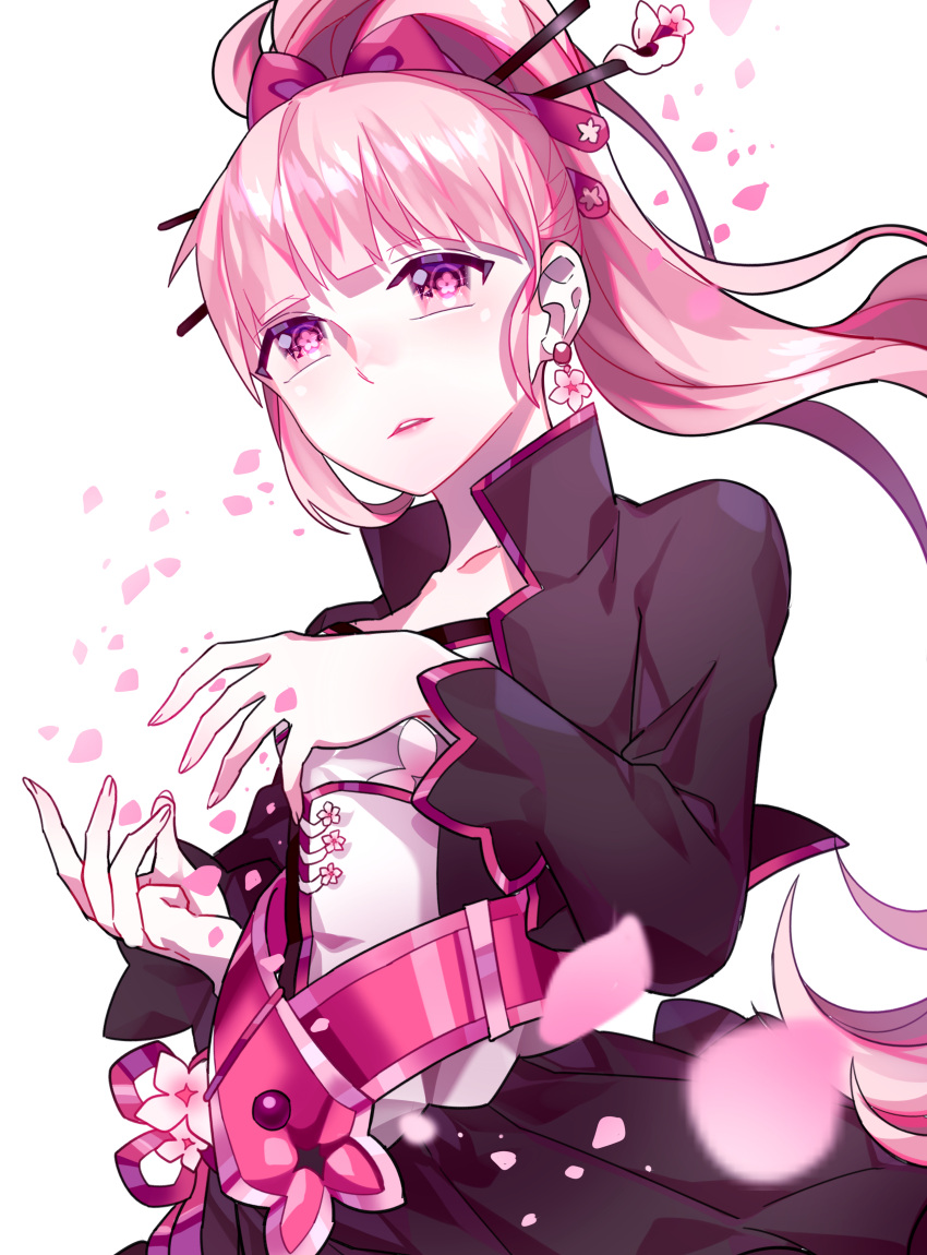 1girl, ara_han, cherry_blossoms, chuki_(lydia), collarbone, earrings, elsword, eyebrows_visible_through_hair