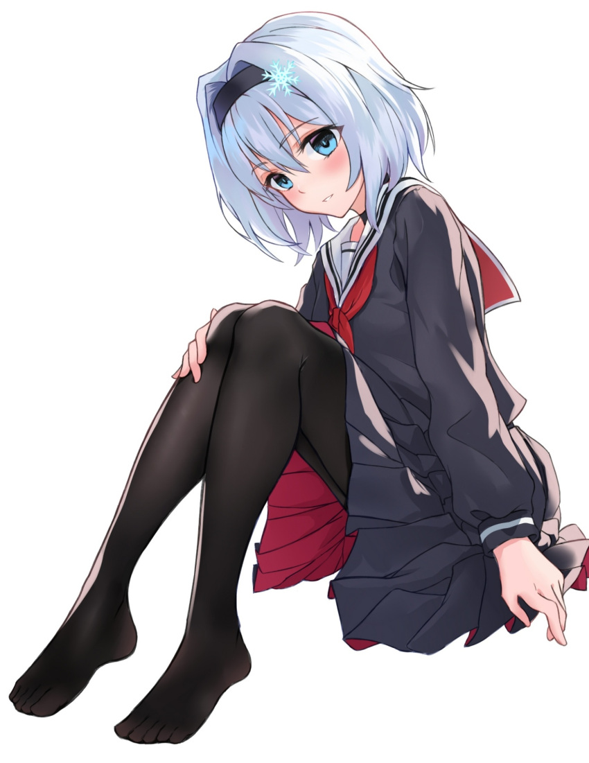 1girl, black_hairband, black_legwear, black_serafuku, black_skirt, hair_ornament, hairband, highres