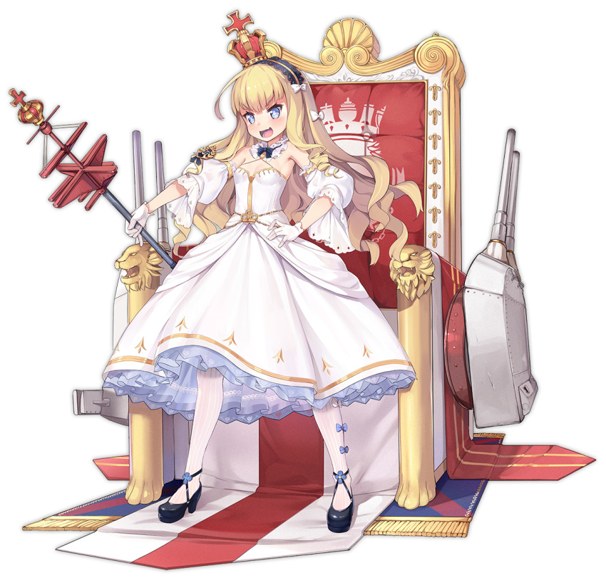 1girl, :d, azur_lane, bangs, bare_shoulders, black_footwear, blonde_hair, blue_bow