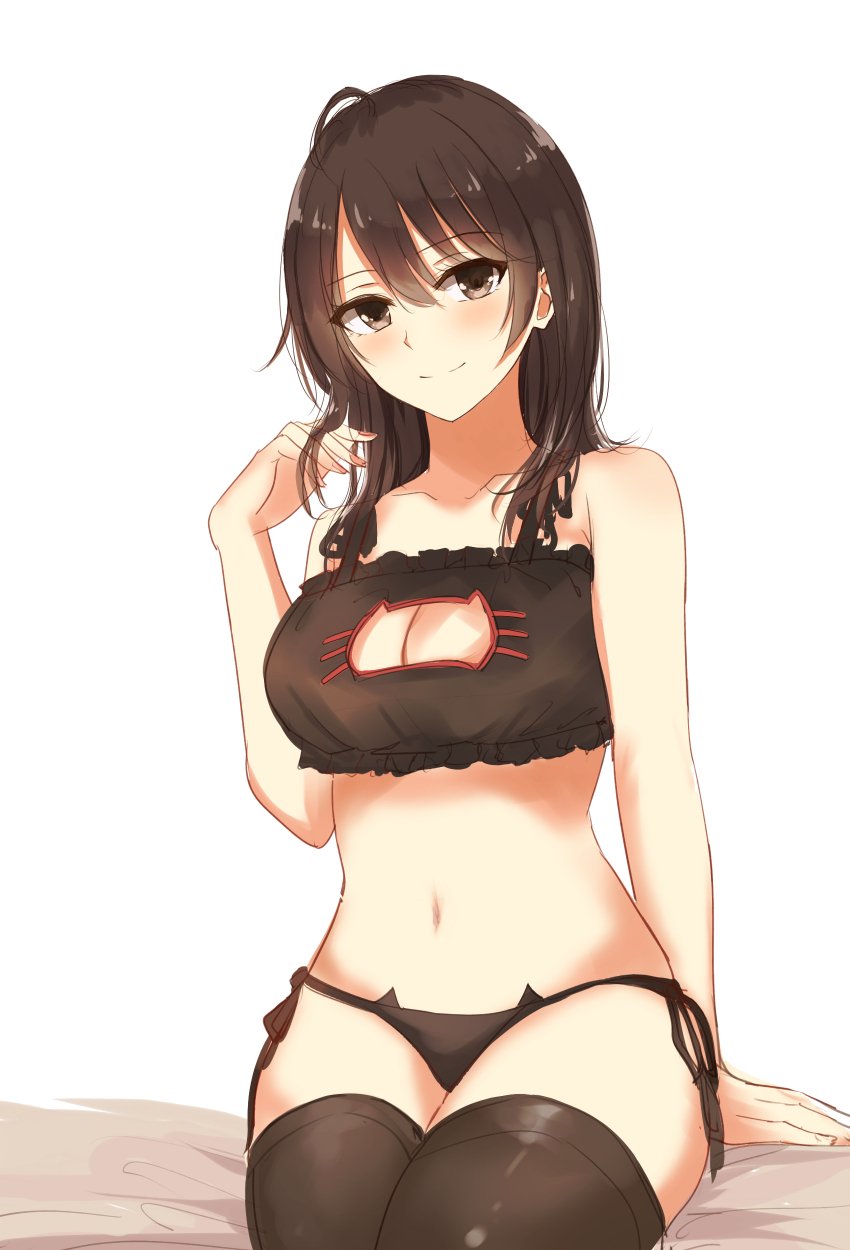 1girl, black_bra, black_eyes, black_hair, black_legwear, black_panties, blush, bra