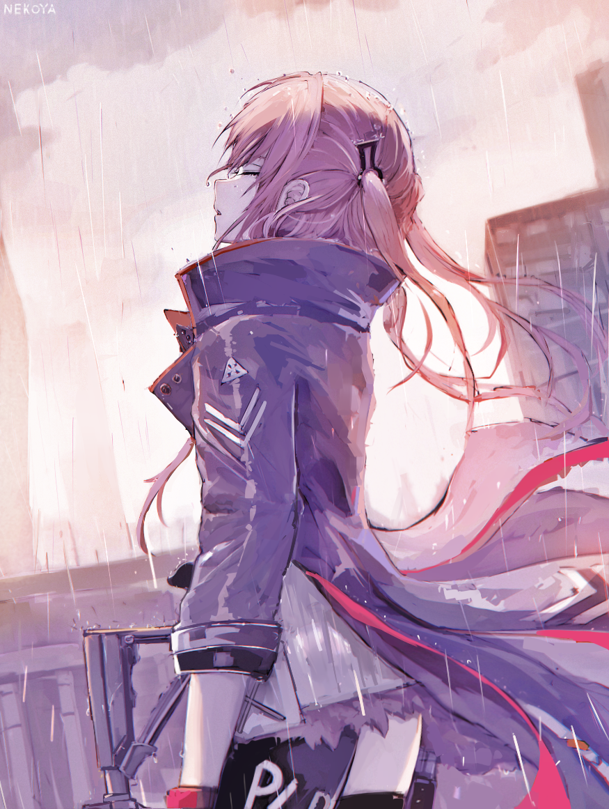 1girl, ar-15, asymmetrical_legwear, bangs, black_legwear, blonde_hair, blue_coat, closed_eyes