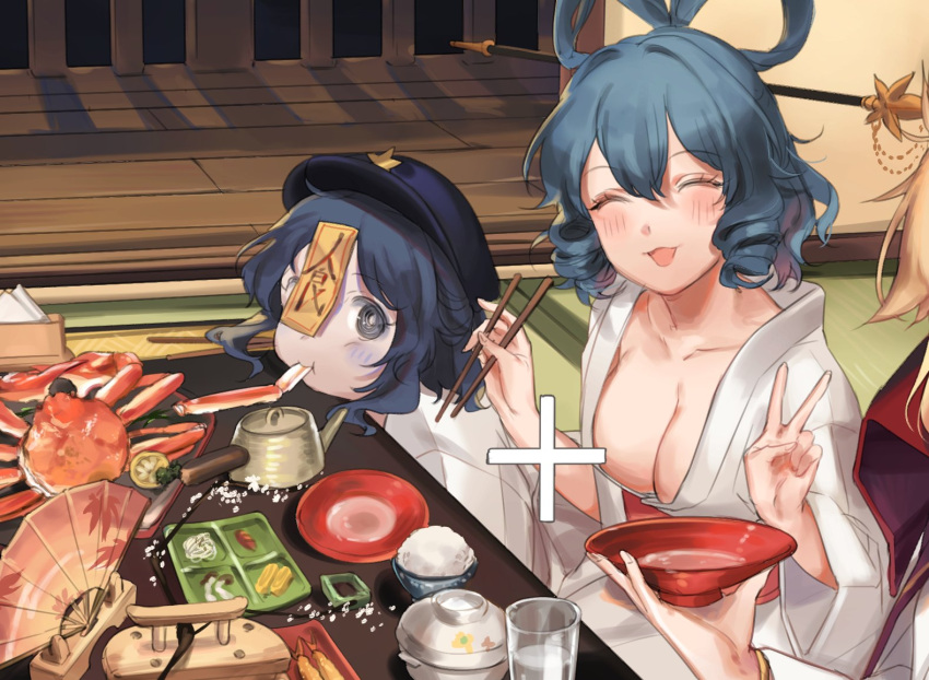 3girls, :3, :d, ^_^, alcohol, alternate_costume, bangs, black_eyes