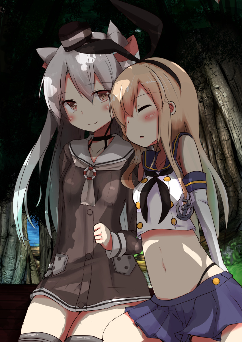 amatsukaze_(kantai_collection), black_panties, blonde_hair, crop_top, dress, elbow_gloves, gloves, hair_tubes